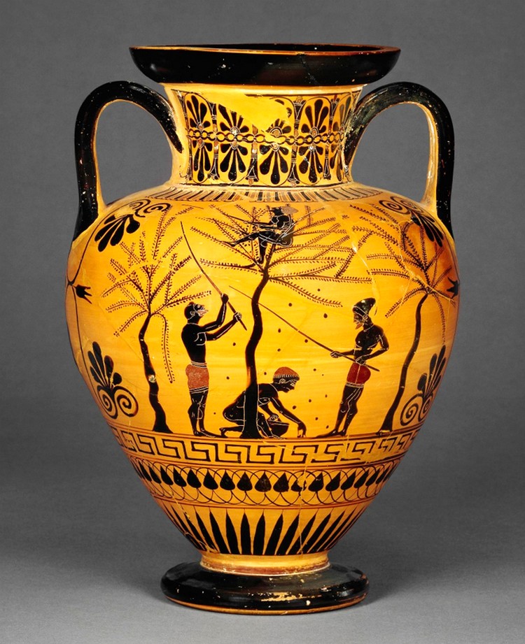 Αττικός μελανόμορφος αμφορέας που απεικονίζει συλλογή ελιών και αποδίδεται στον ζωγράφο Αντιμένη, γύρω στο 520 π.Χ., Βρετανικό Μουσείο