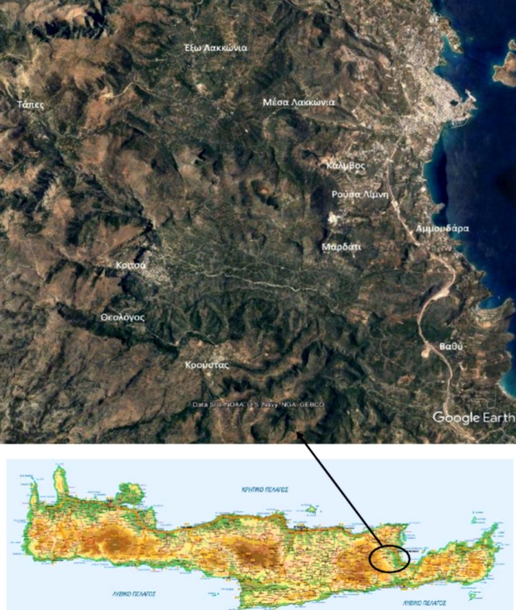 Φωτογραφία από δορυφόρο της περιοχής και τοποθέτησή της στον χάρτη της Κρήτης